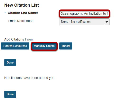 Enter a name for the citation list, then click Manually Create.