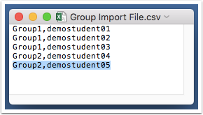 Example of CSV file for importing groups with group name in first column and username in second column.