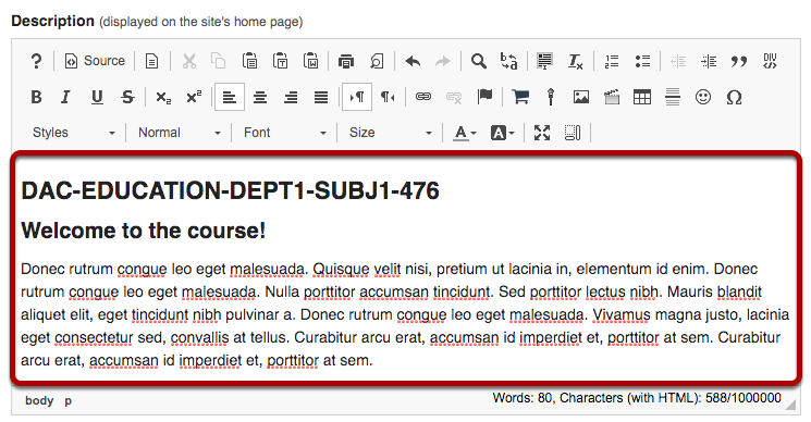Site Description text area highlighted in Rich Text Editor.