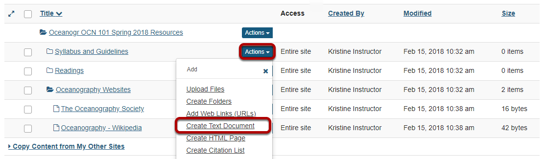 Click Actions, then Create Text Document.
