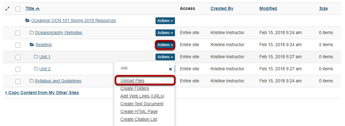 Click Actions, then Upload Files.