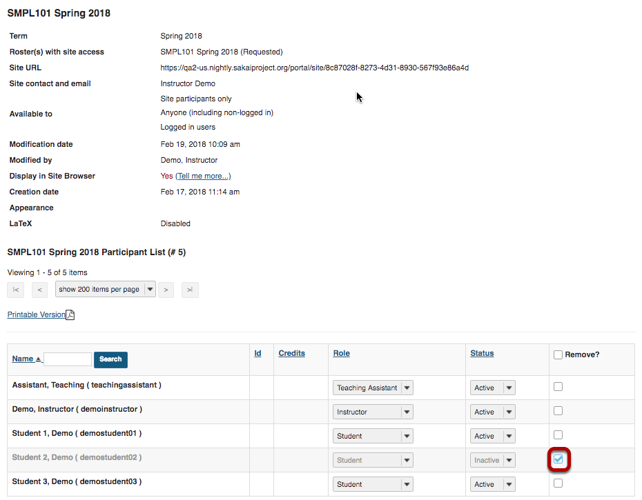 Site Info participant list with checkbox in Remove? column selected fo studnet 02.