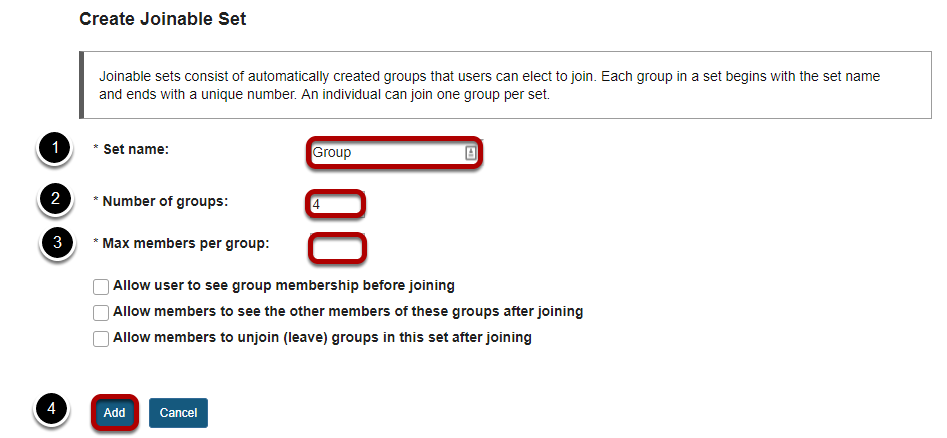Create Joinable Set data entry screen with data entry fields and Add button highlighted.