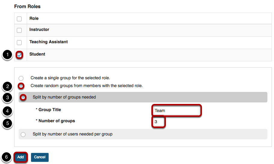 Create random groups screen with settings and Add button highlighted.