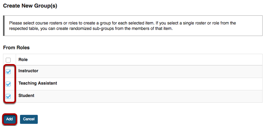 Create groups by role scrren with checkboxes highlighted.