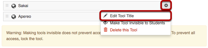 Rename a tool screen with gear icon and Edit Tool Title highlighted.