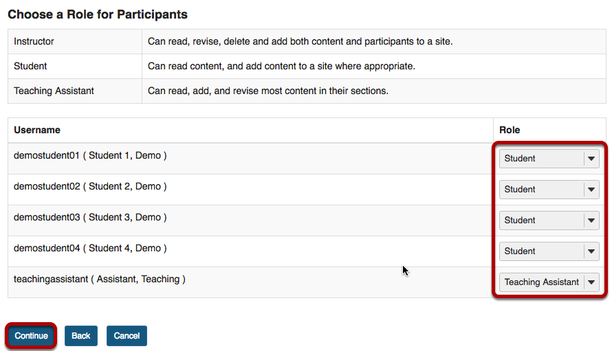 Choose a Role for Participants screen with Role column and Continue button highlighted.