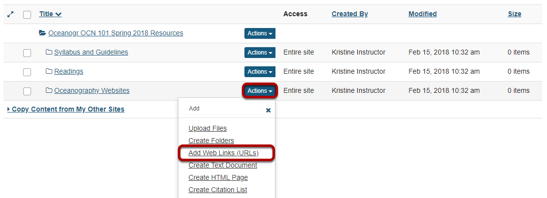 Click Actions, then Add Web Links (URLs).