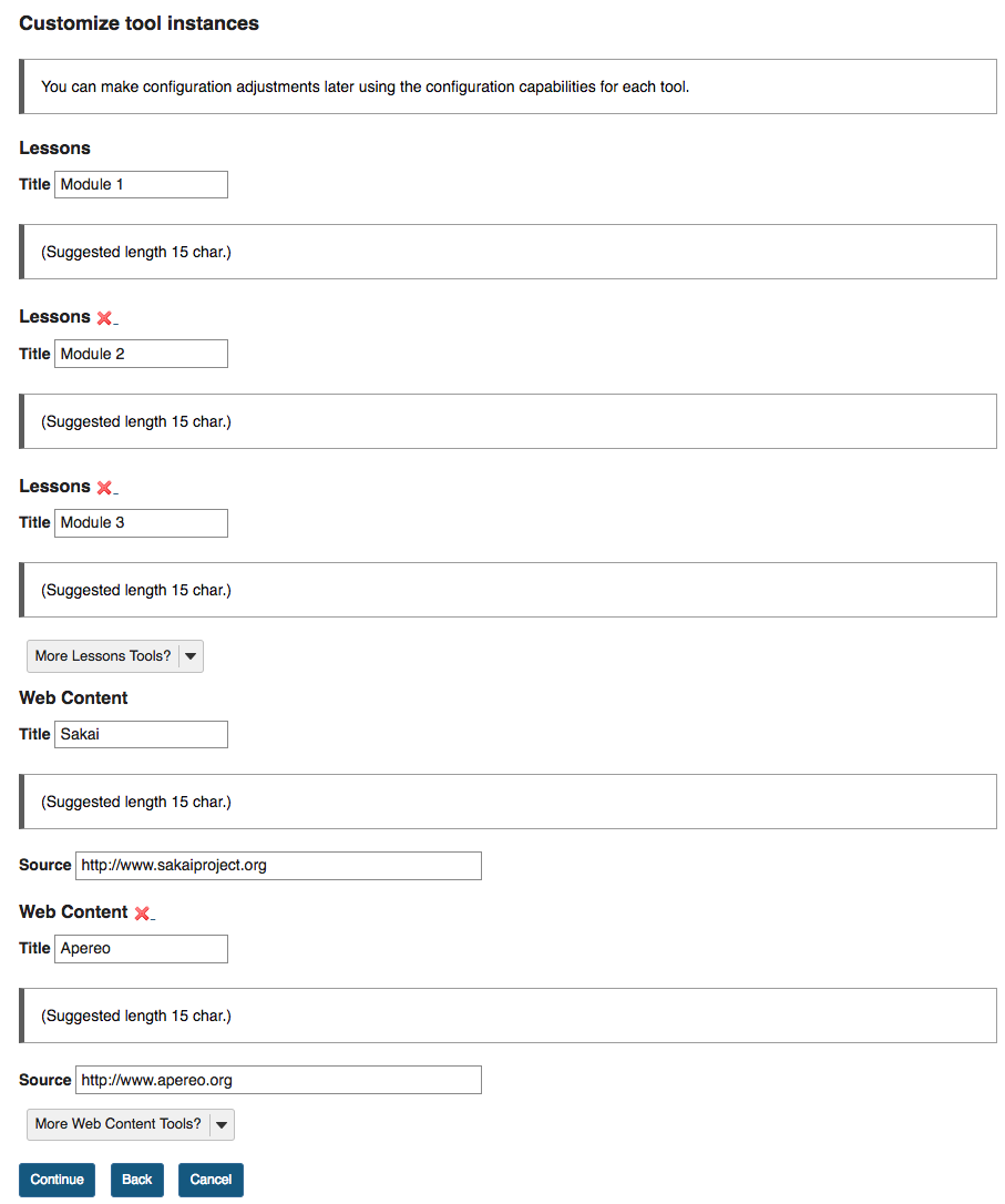 Example: Customizing multiple tool instances for Lessons and Web Content.