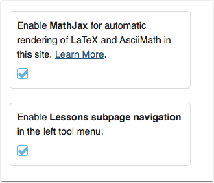 Dialog boxes with checkboxes to enable MathJax and Lesson subpage navigation. 