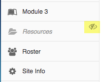 Tool menu with hideen resource tool gray and italic with "hidden" icon to the right.