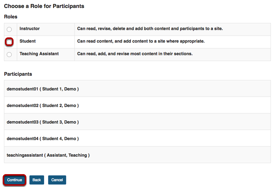 Choose a Role for Participants screen with Student role highlighted and Continue button highlighted.